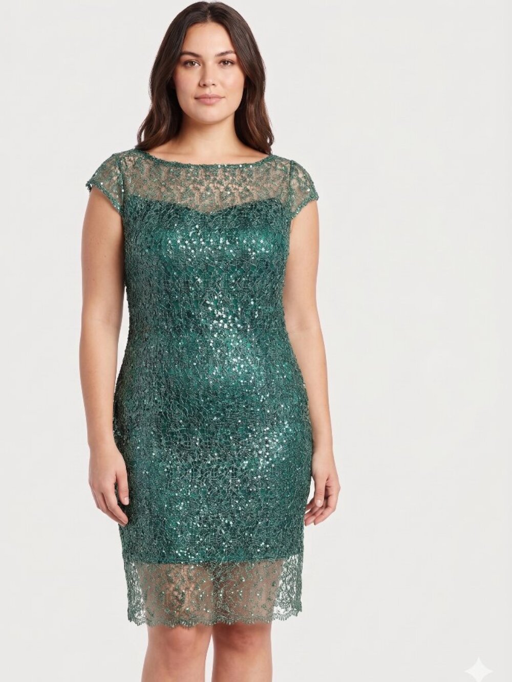 Kay Unger NY Emerald Green Sequin Lace Sheath Dress Size 12 Wedding Guest Party
